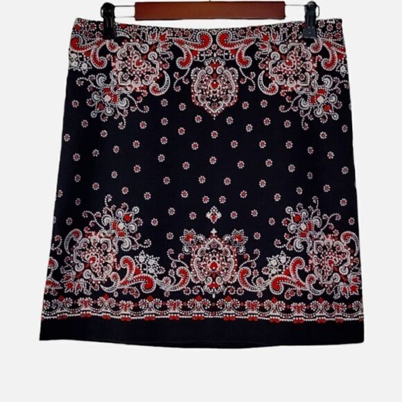 Talbots Navy Blue & Red Polka-dot Paisley Patterned Side Zip Pencil Skirt Size 8 - Picture 1 of 5